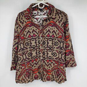 East 5th Linen Blend Brown Abstract Art to Wear Lagenlook Button Up Top Shirt XL